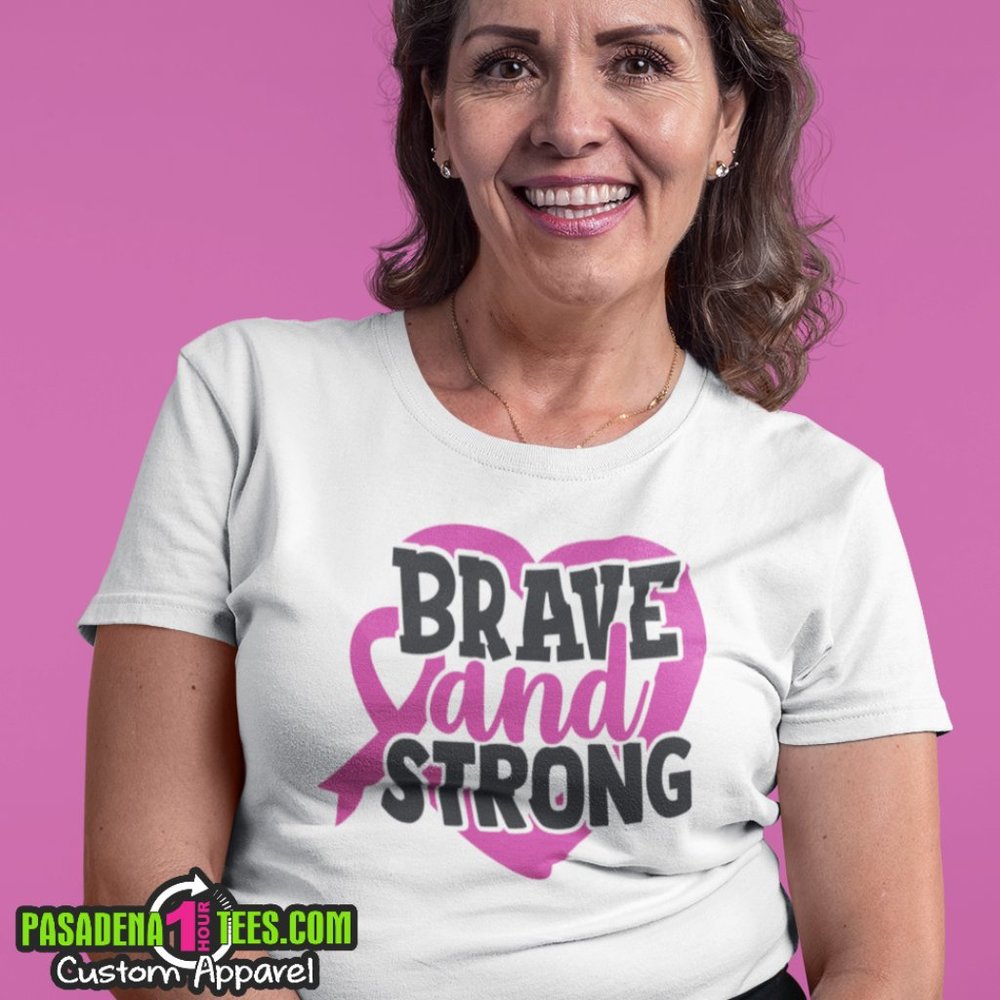 Brave & Strong Breast Cancer Pink/Black Ribbon Awareness  T-Shirt Small up to 1X